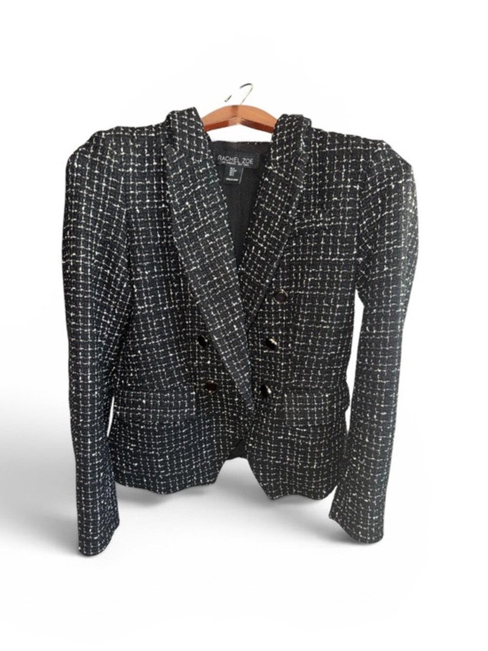 Rachel Zoe Black Tweed Coat Blazer with Contrast Thread Gemstone Buttons Preppy